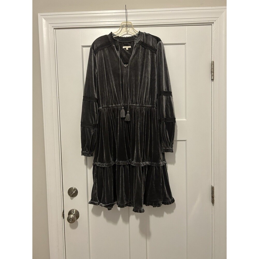 Kate & Sam Crushed Velvet Tiered Balloon Sleeve Tassel Tie Keyhole Dress Large